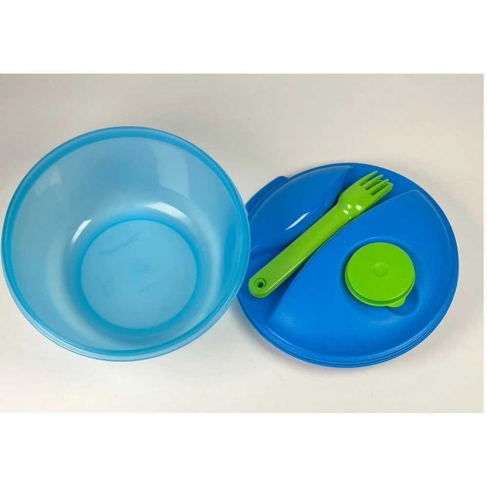 Tupperware Salad On the Go Complete Set Blue Green Fork and knife Lunch Kit